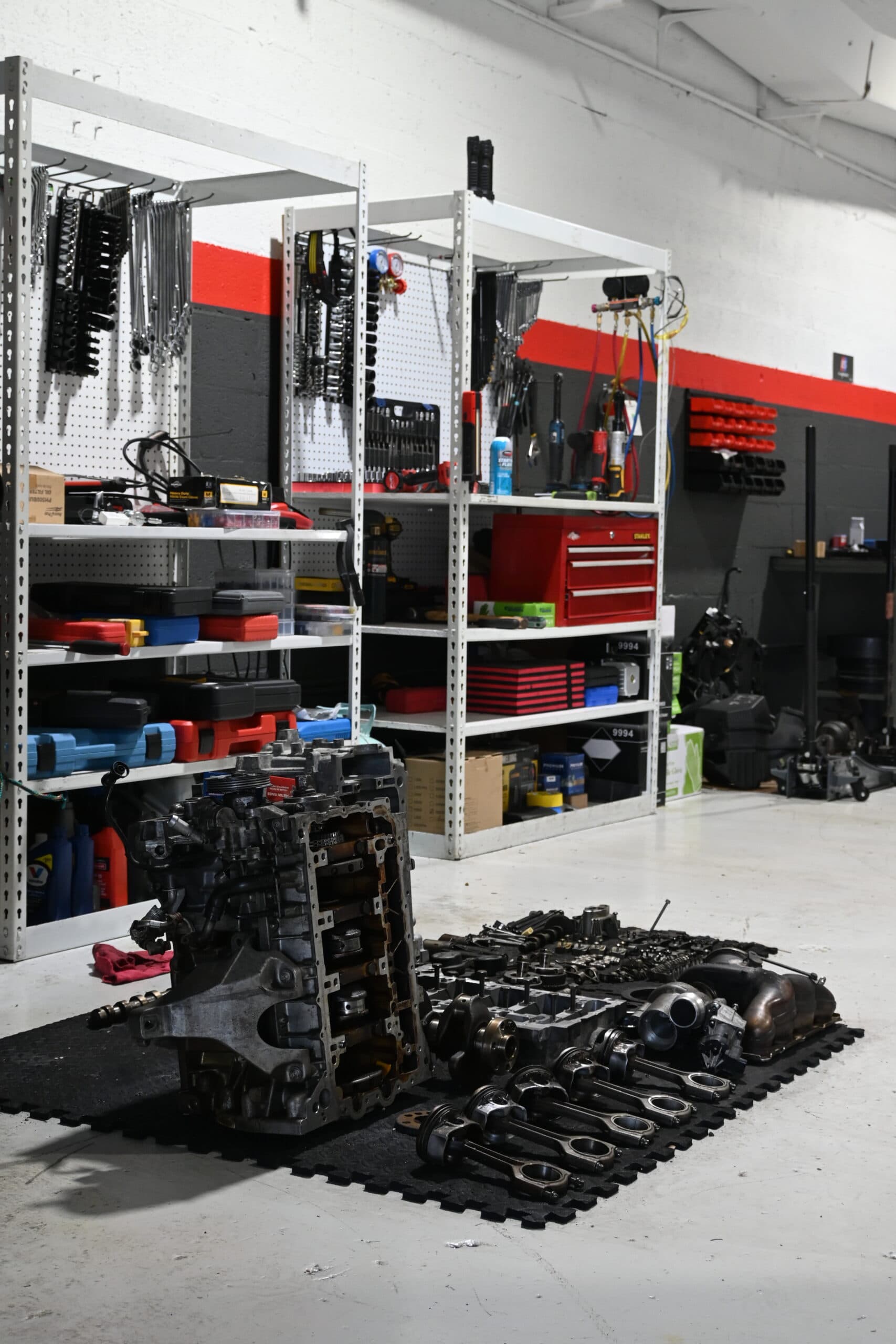 Disassembled engine parts for repair at DS Proformance Disassembled engine parts for repair at DS Proformance